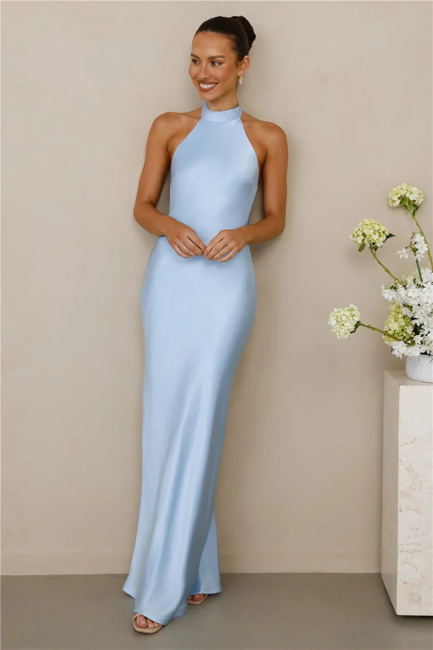 The Cleo Halter Satin Maxi Dress Blue